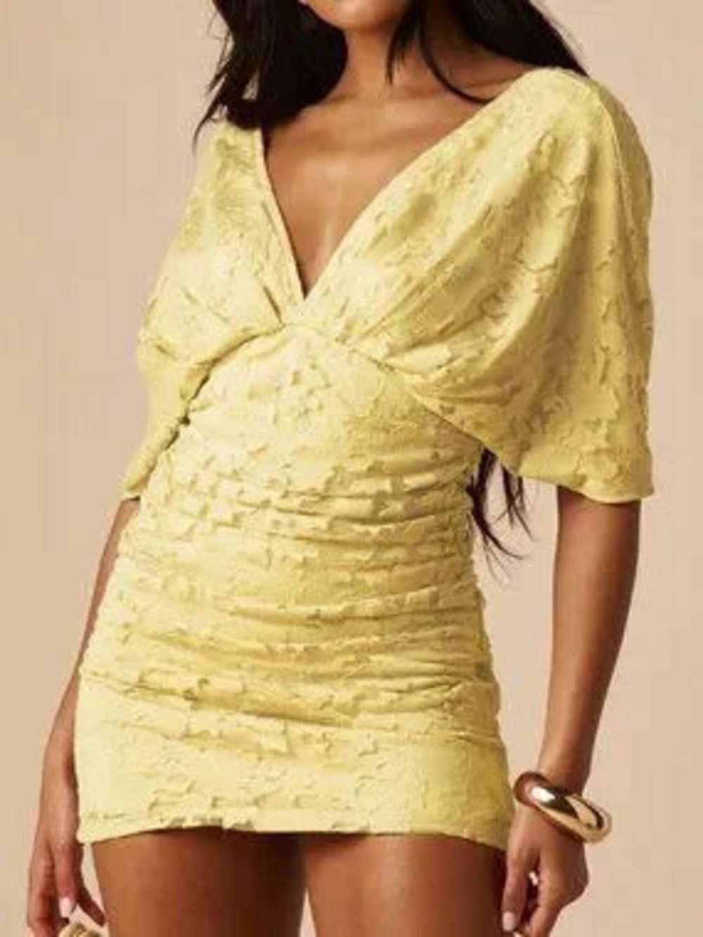 ZARA Yellow Party Women's Floral Mini Dress V-Neck Ruched Waist Open Back